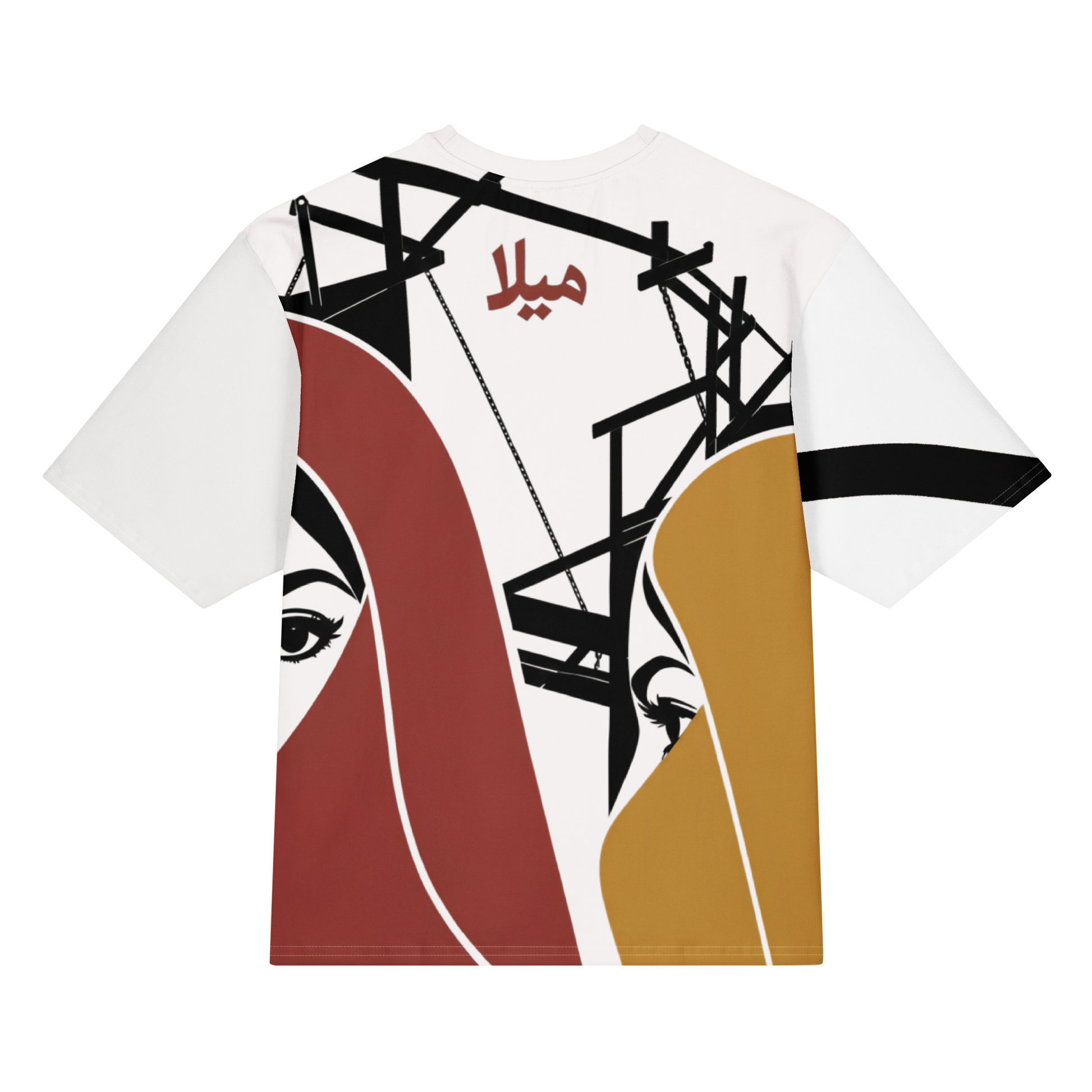 Mela Punjabi cinema oversized tee back view with veiled faces and scaffold artwork