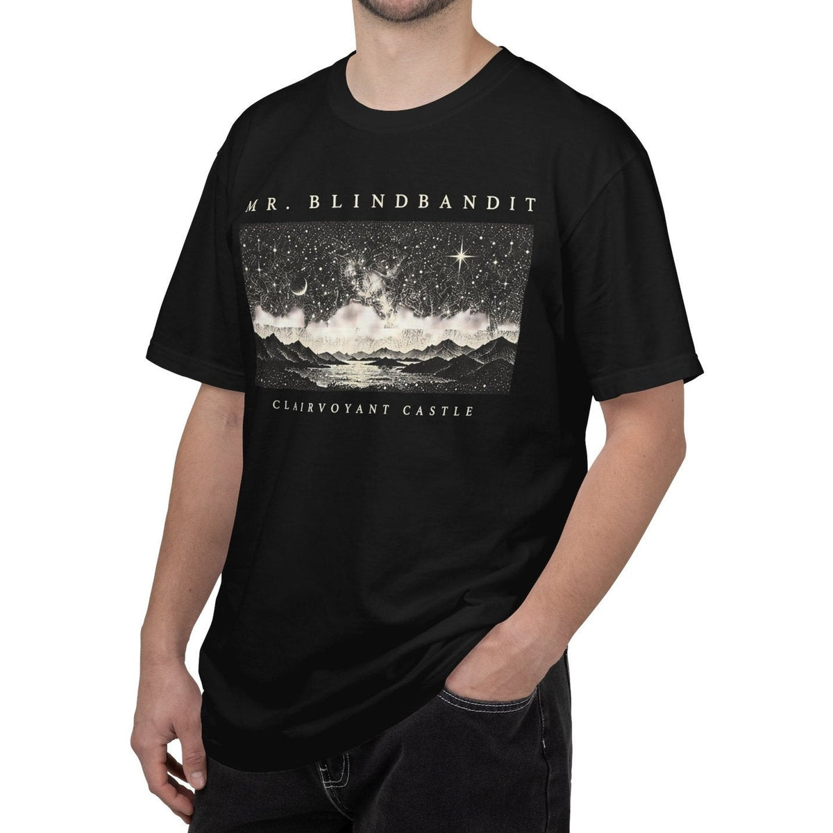 Mr. Blindbandit black Clairvoyant Castle graphic T-shirt worn by a male model, cropped front view with no eyes visible