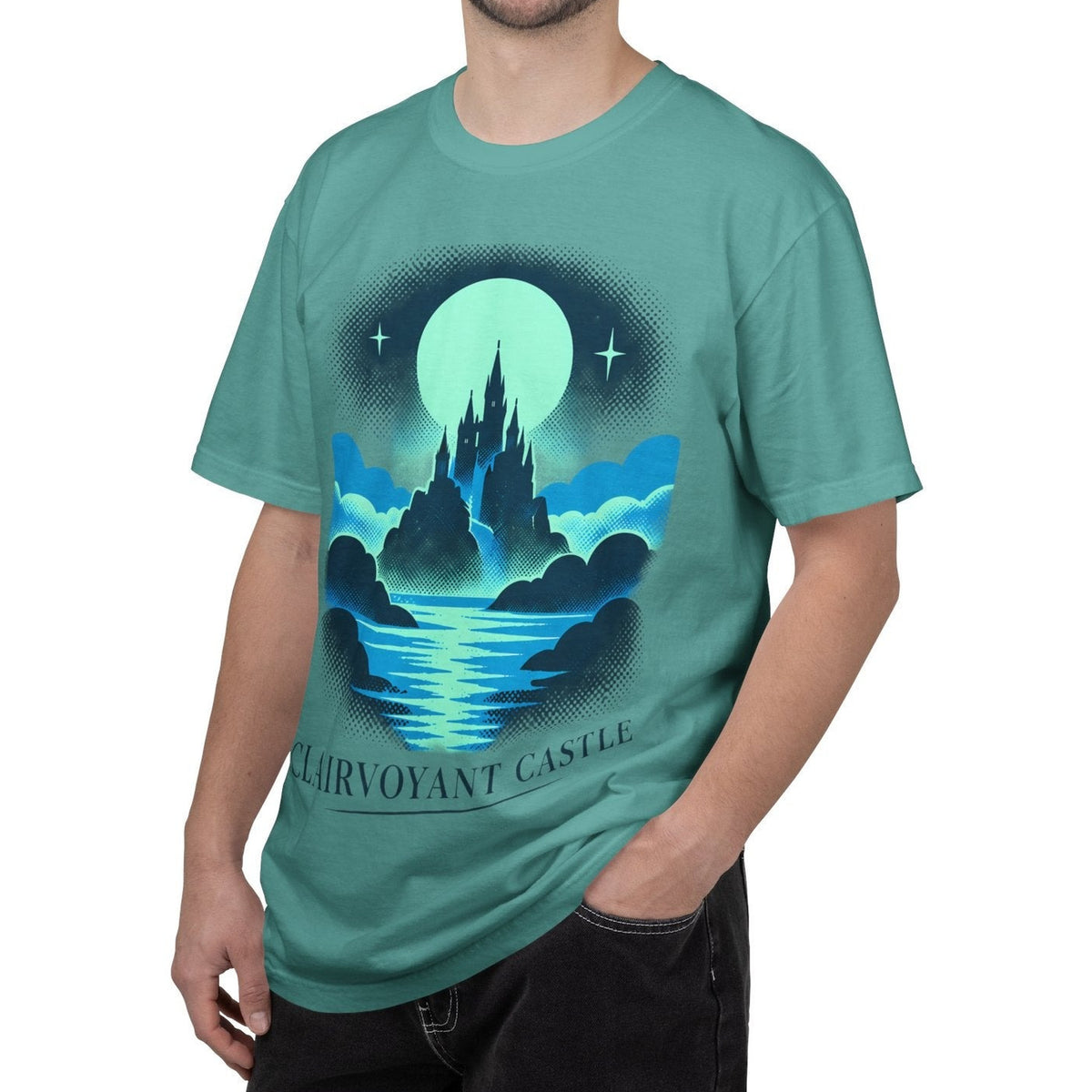 Mr. Blindbandit seafoam Clairvoyant Castle graphic T-shirt worn by a male model, cropped front view with no eyes visible