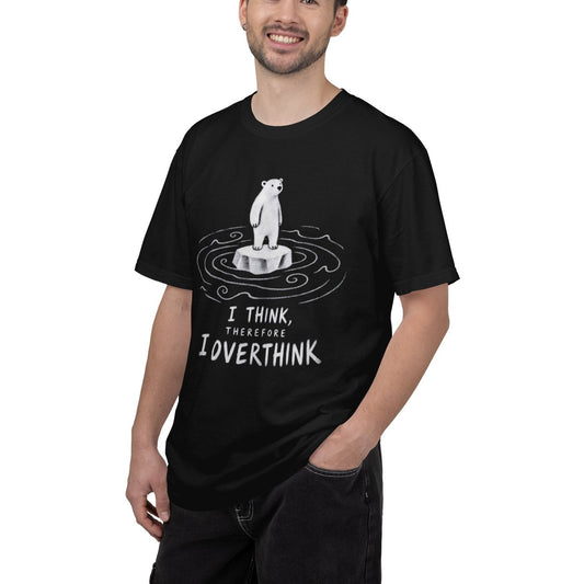 Overthinker black T-shirt worn by a male model, front view with polar bear and I Think Therefore I Overthink graphic