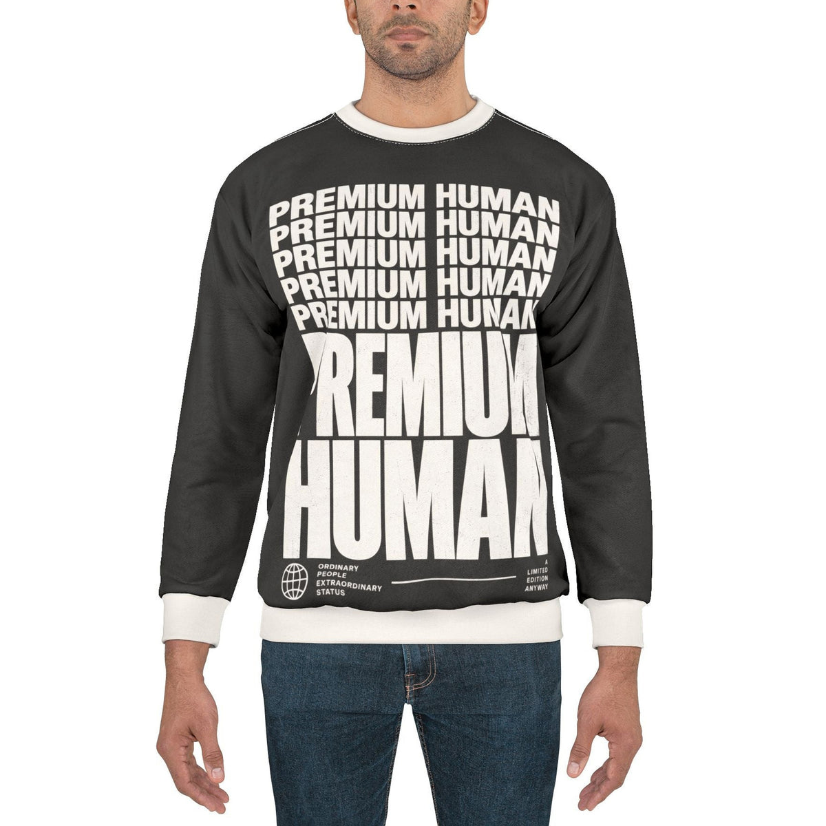 Premium Human graphic crewneck sweatshirt worn by a male model, front view with charcoal and white typography