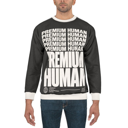 Premium Human graphic crewneck sweatshirt worn by a male model, front view with charcoal and white typography