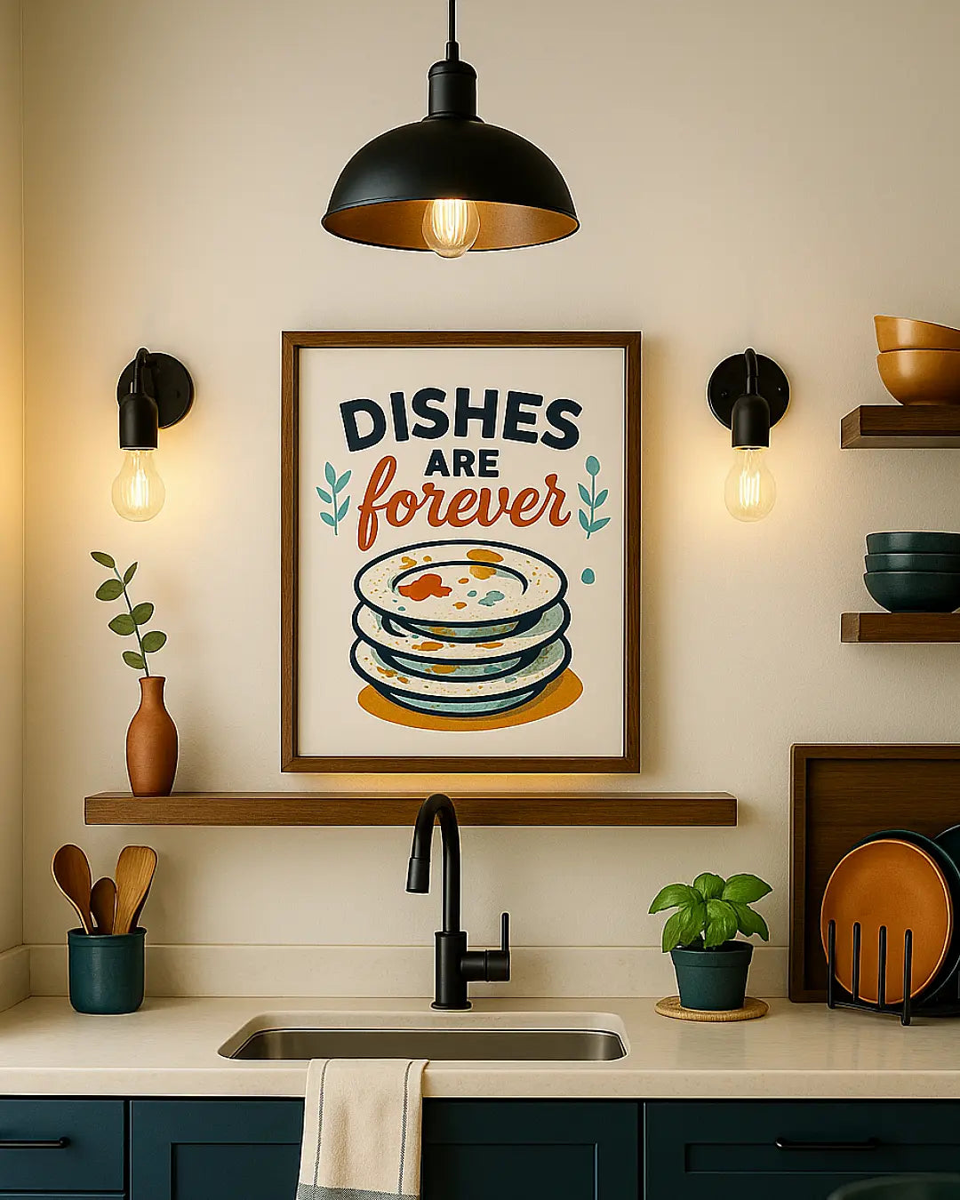 Kitchen interior with a framed poster above a sink, featuring the text 'Dishes are forever'.