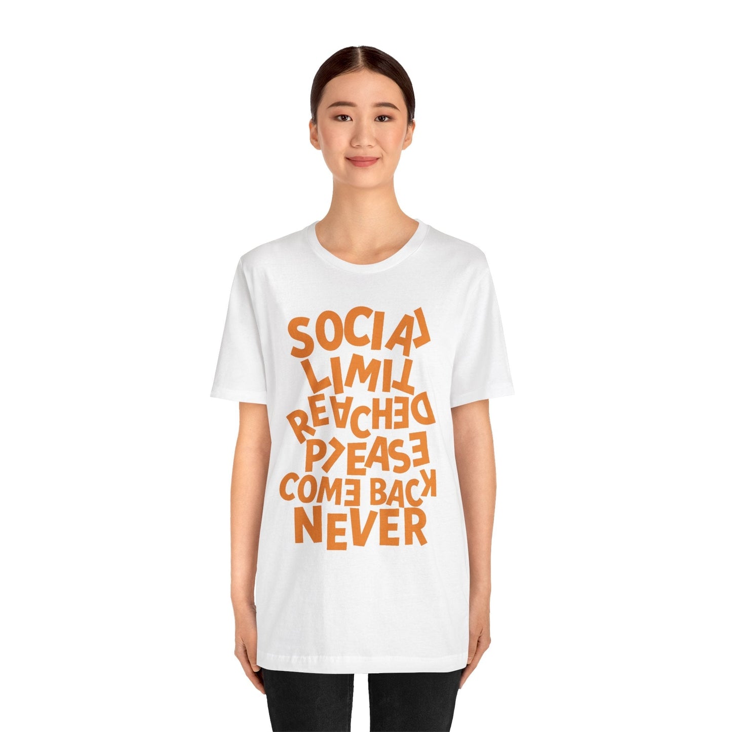 Funny social battery shirt with bold stacked orange text