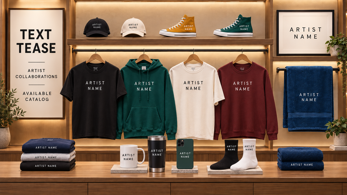 Text Tease artist collaborations merch catalog featuring apparel, caps, shoes, towel, socks and accessories