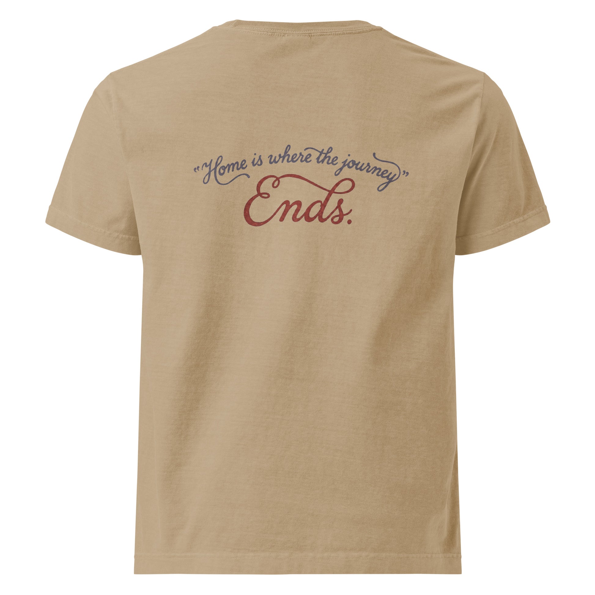 Flat back view of the beige heavyweight streetwear T-shirt showing a distressed script graphic reading “Home is where the journey ends,” on garment-dyed cotton with an oversized unisex cut.