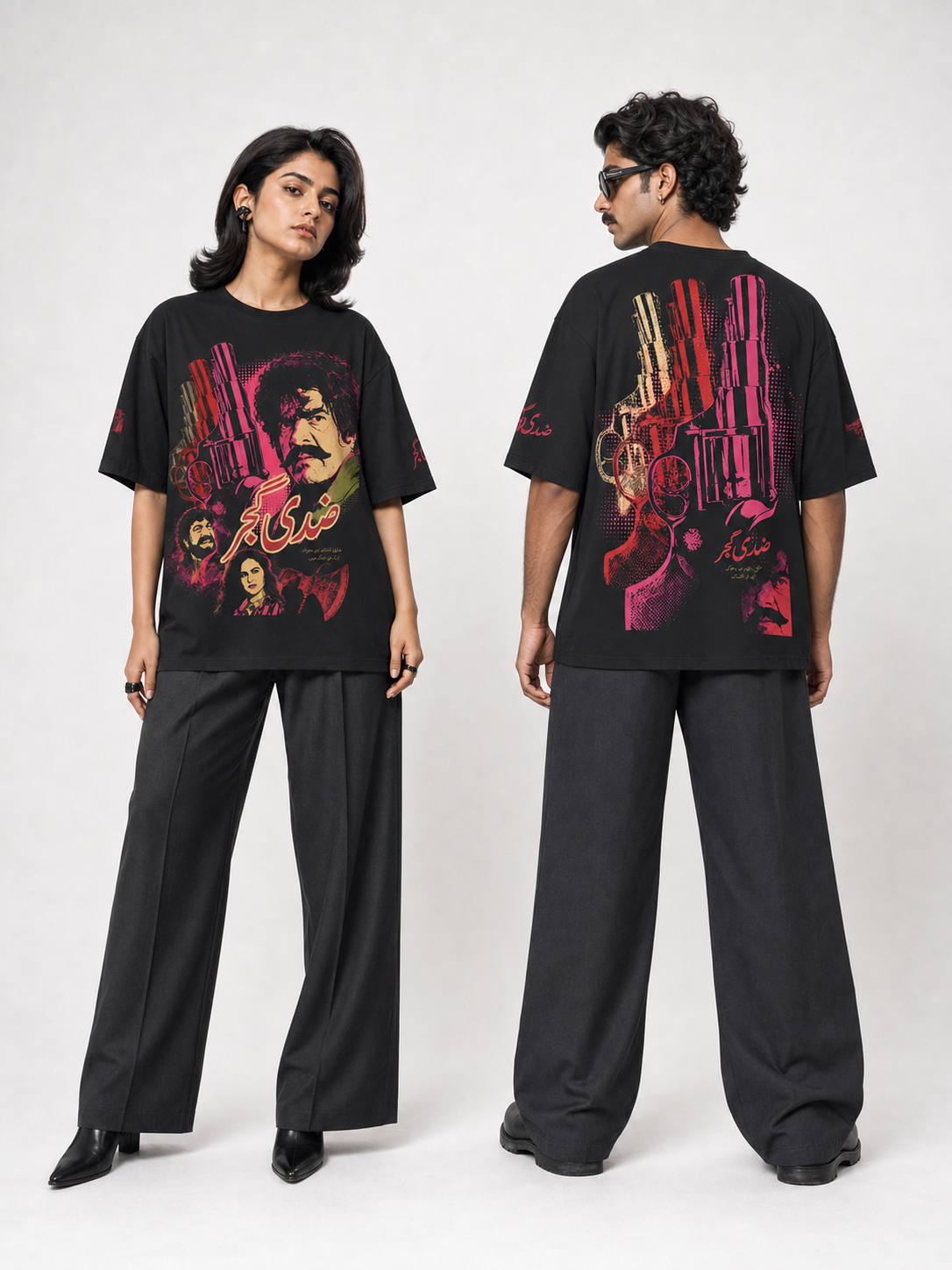 Women’s front and men’s back view of Ziddi Gujjar unisex oversized tee